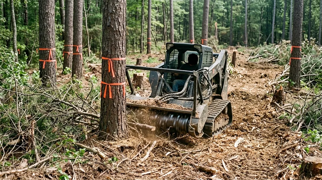 Marked keeper trees stay standing while everything beneath them is removed — Evansville, IN