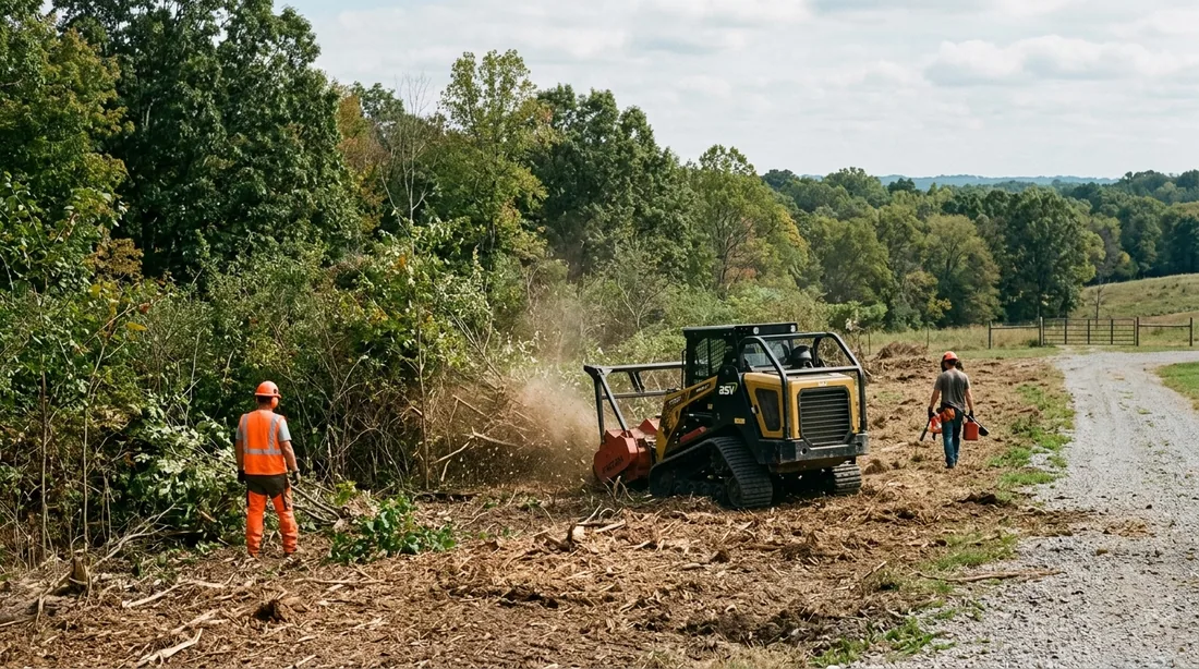 A small professional crew working on a forestry mulching job at a property, seen from behind and at — Evansville, IN